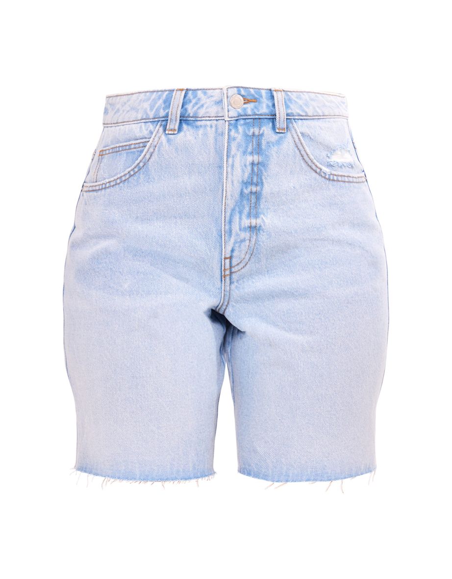 PRETTYLITTLETHING Tall Light Blue Wash Raw Hem Longline Loose Denim Shorts - 5