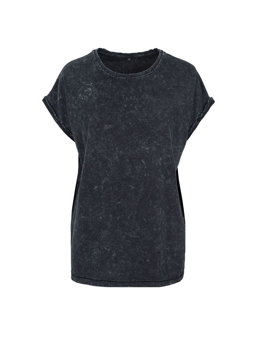 Womens/Ladies Acid Wash Extended Shoulder T-Shirt - Black