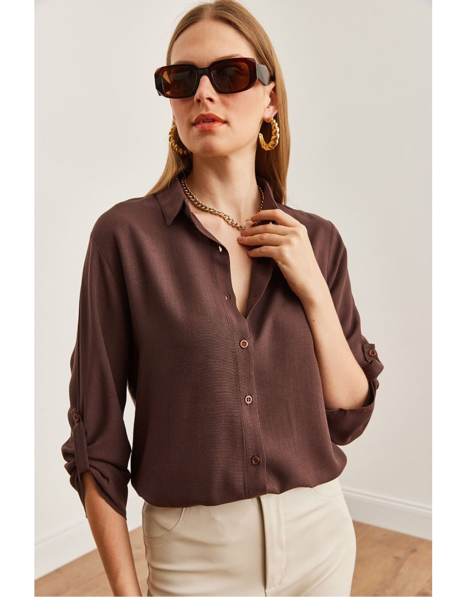 Women's Brown Folded Sleeve Linen Shirt - 6