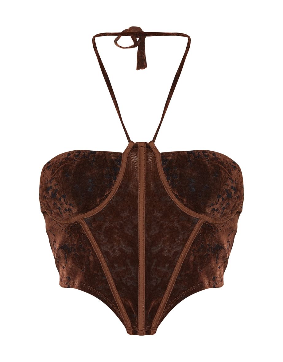Brown Devore Boned Halterneck Corset - 4