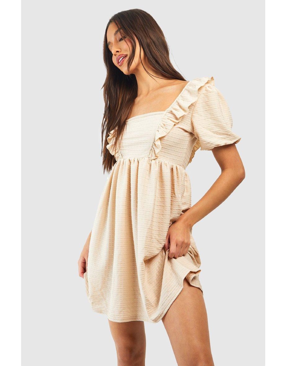 Textured Ruffle Smock Dress - stone
