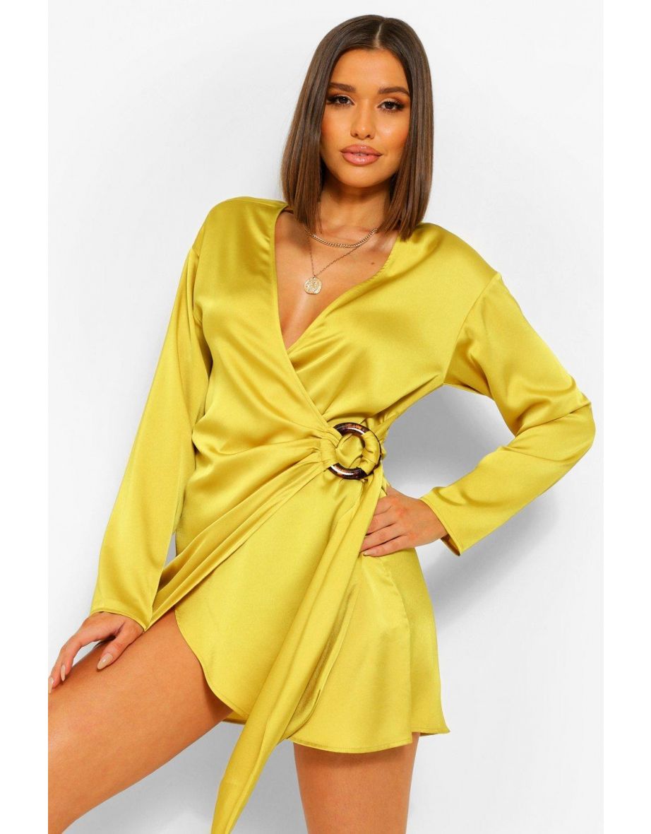 Satin Wrap Shirt Style Dress - chartreuse - 3