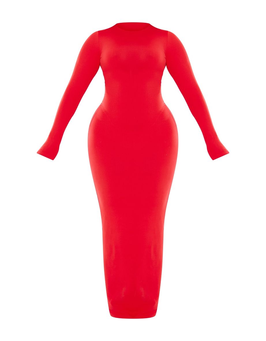 Red Bodycon Maxi Dress with Long Sleeve - 4