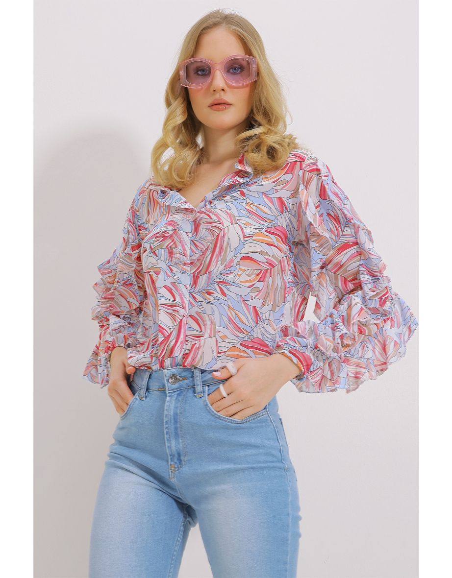 Women's Pink Big Collar Sleeves Flounce Patterned Chiffon Shirt