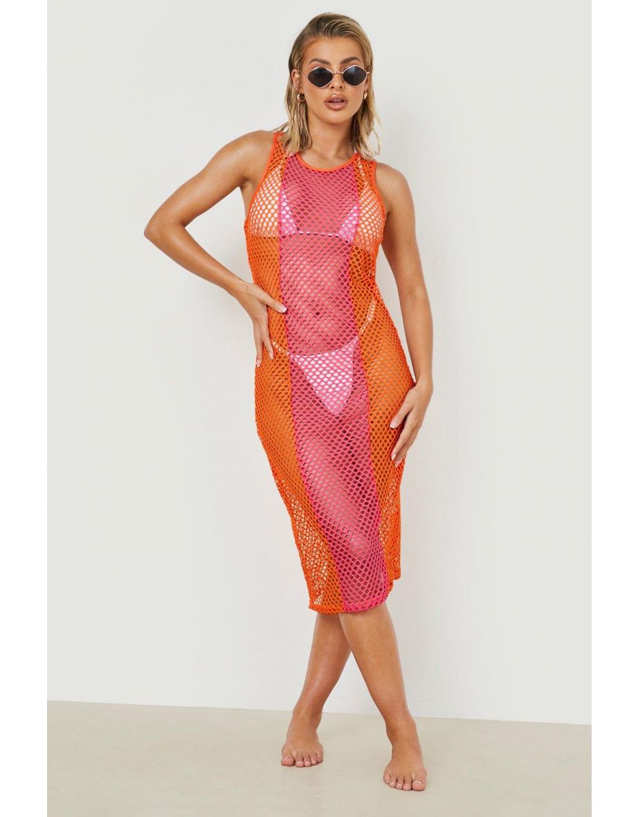 Colour Block Knit Racer Maxi Beach Dress - orange