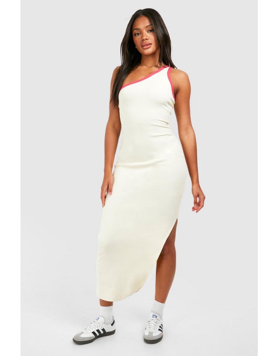 Premium Contrast Rib One Shoulder Midaxi Dress