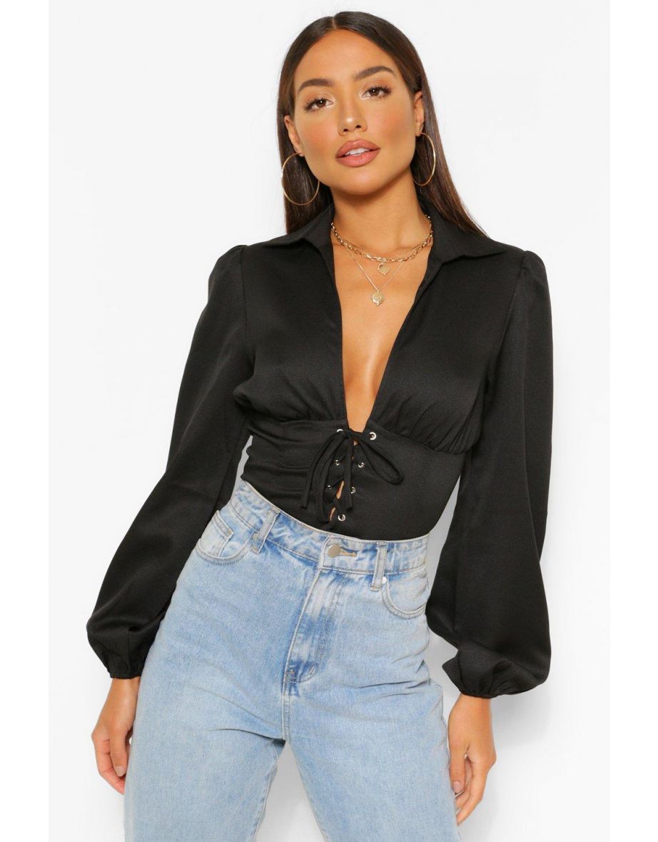 Woven Lace Up Corset Top - black