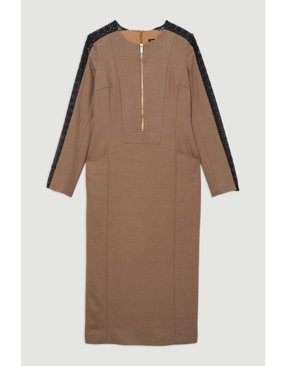 Tailored Twill Lace Mix Zip Front Midi Dress - 3