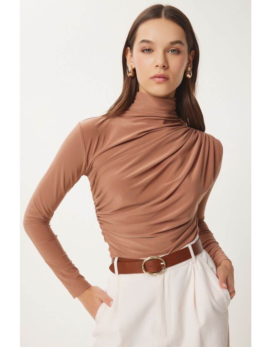 Women's Biscuit Gathered Detailed High Neck Sandy Blouse