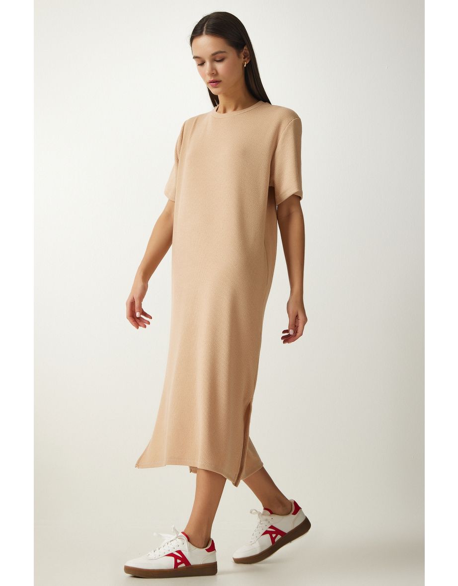 Women's Beige Crew Neck Knitted Ribbed Dress