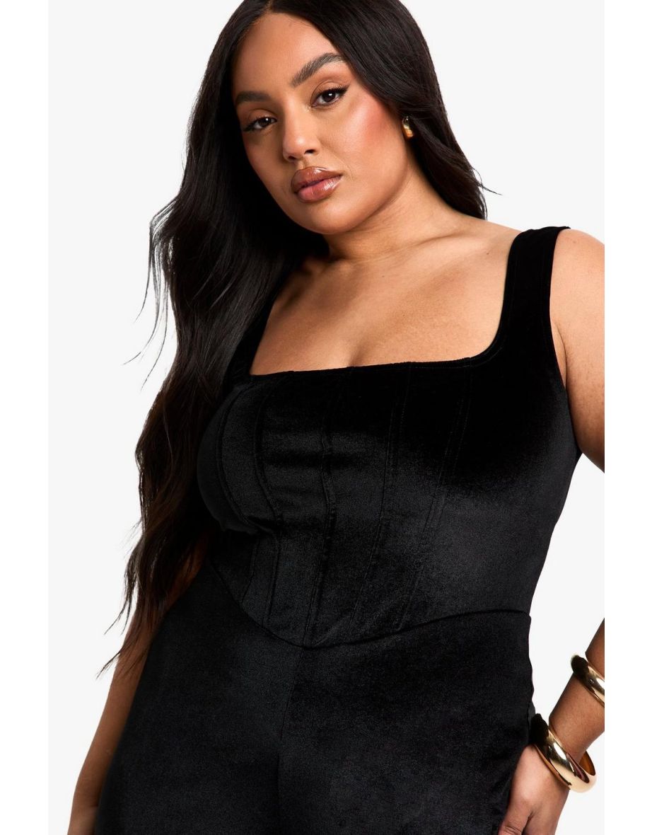 Plus Velvet Corset Detail Wide Leg Jumpsuit - 3