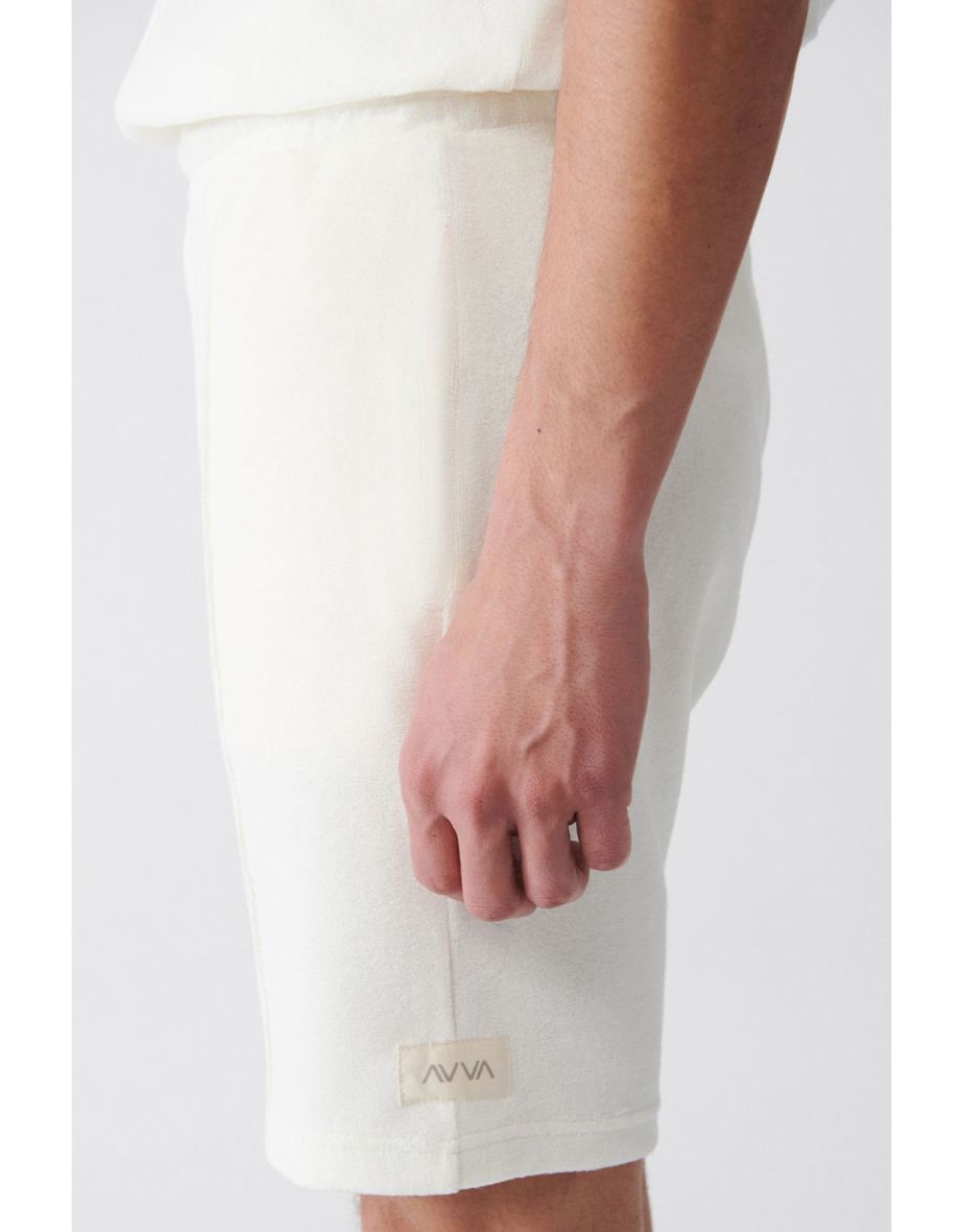 Men's White Side Pocket Ribbed Standard Fit Normal Cut Daily Sports Towel Shorts - 5