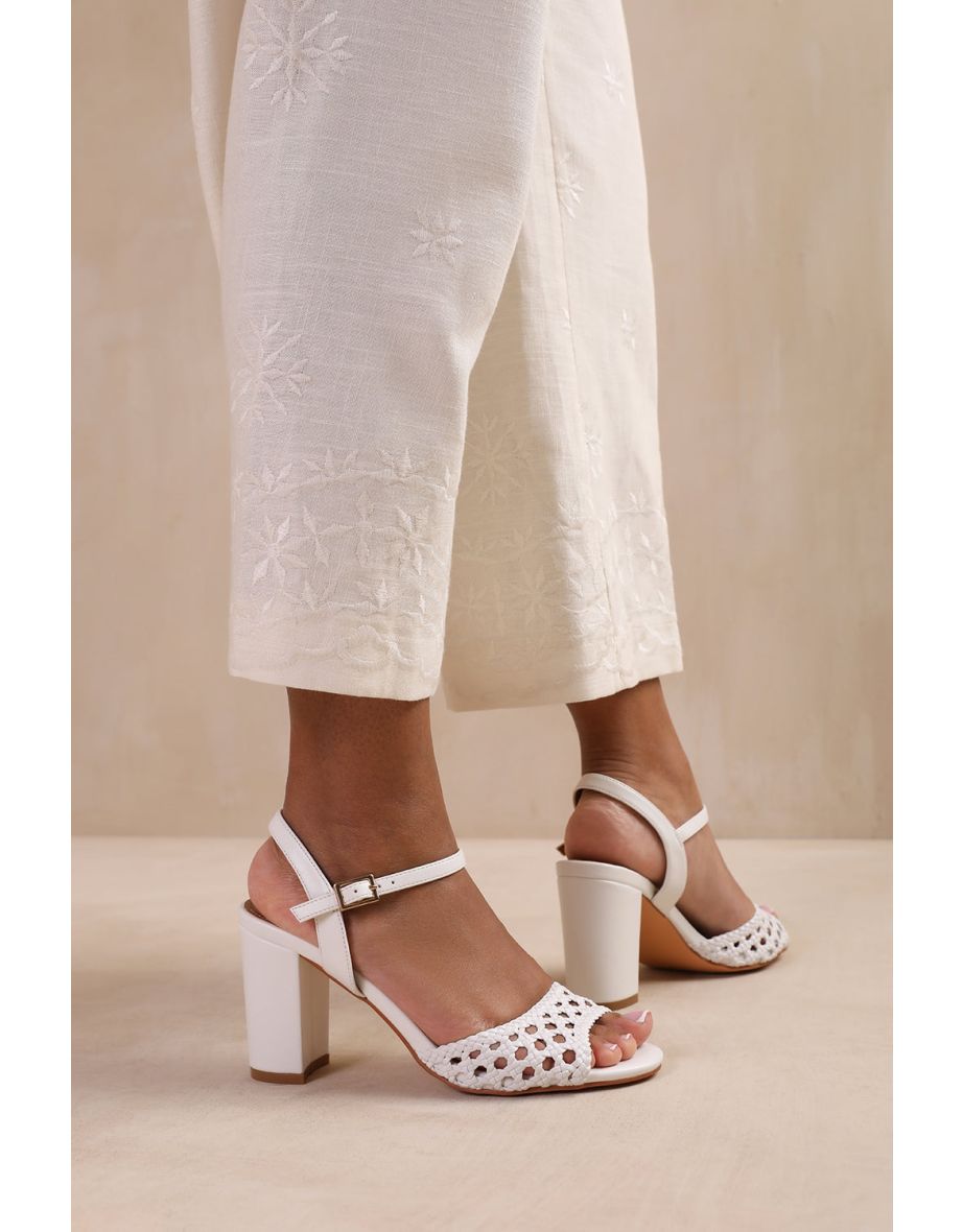 CUBA WIDE FIT PLAITED DESIGN MID BLOCK HEELS IN WHITE FAUX LEATHER