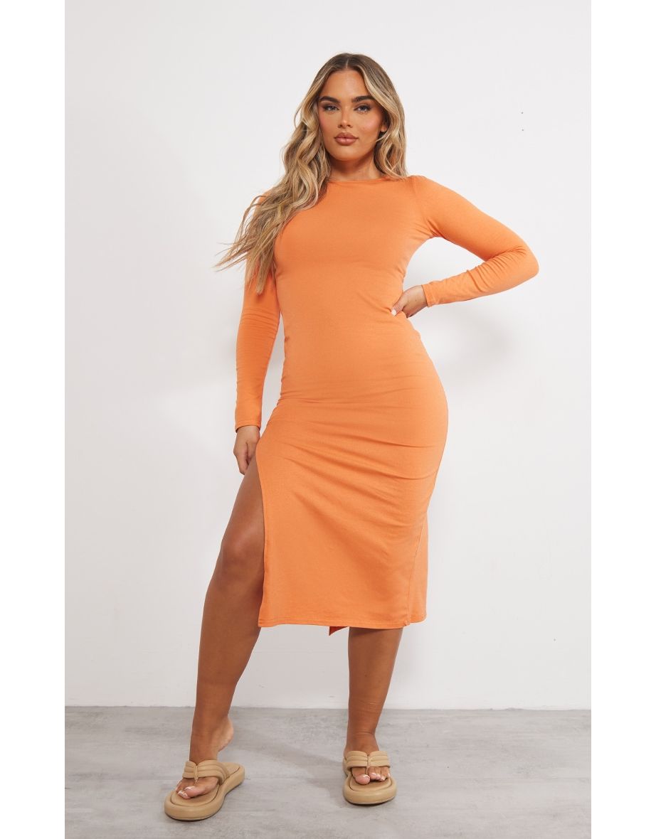 Orange Cotton Scoop Back Tie Long Sleeve Midaxi Dress