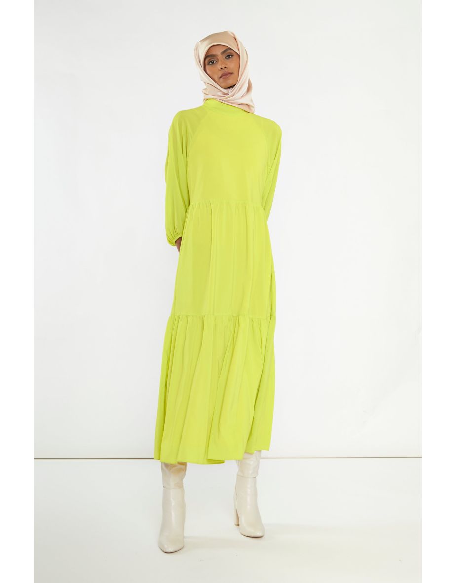 Acid-Yellow Open Back Tiered Midi-Dress