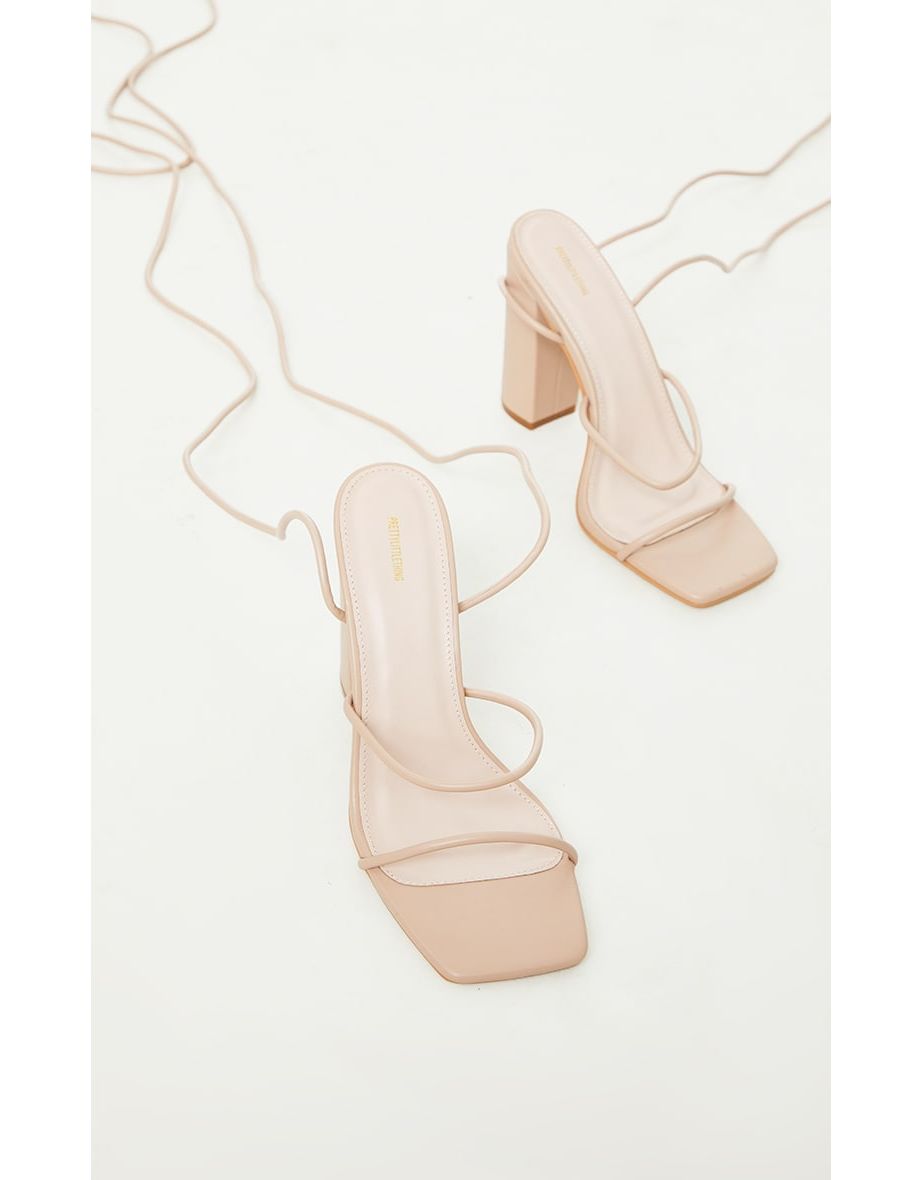 Nude Delicate Strap Ankle Tie Block Heel Sandals - 3