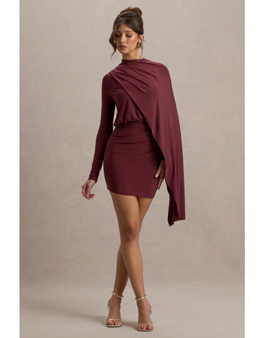 Celeste | Burgundy Long-Sleeve Mini Dress With Cape Sleeve