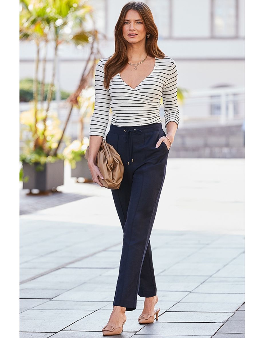 Ivory & Black Stripe Faux Wrap Top - 4