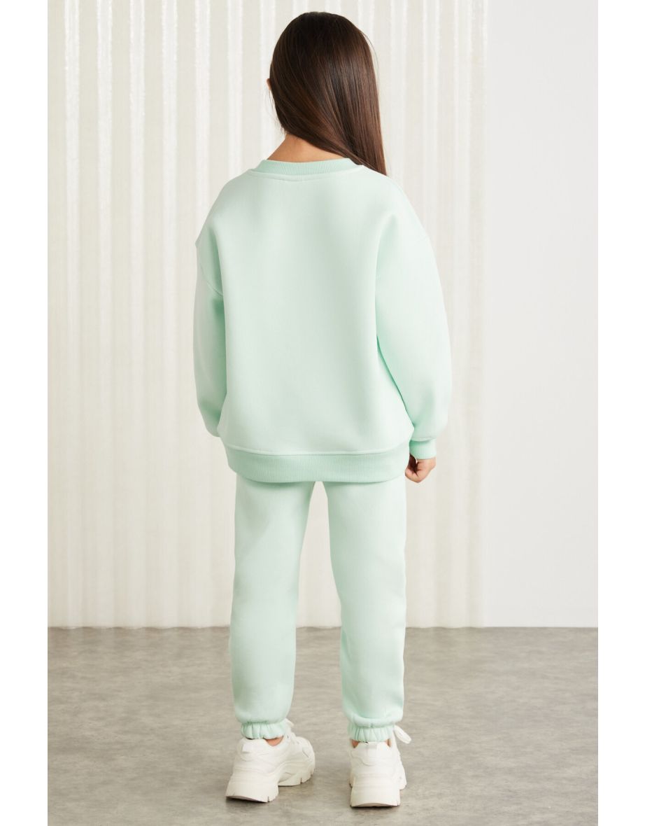 75% cotton 25% polyester girls embroidered sweat jogger set Mint Green Two Piece Set - 5