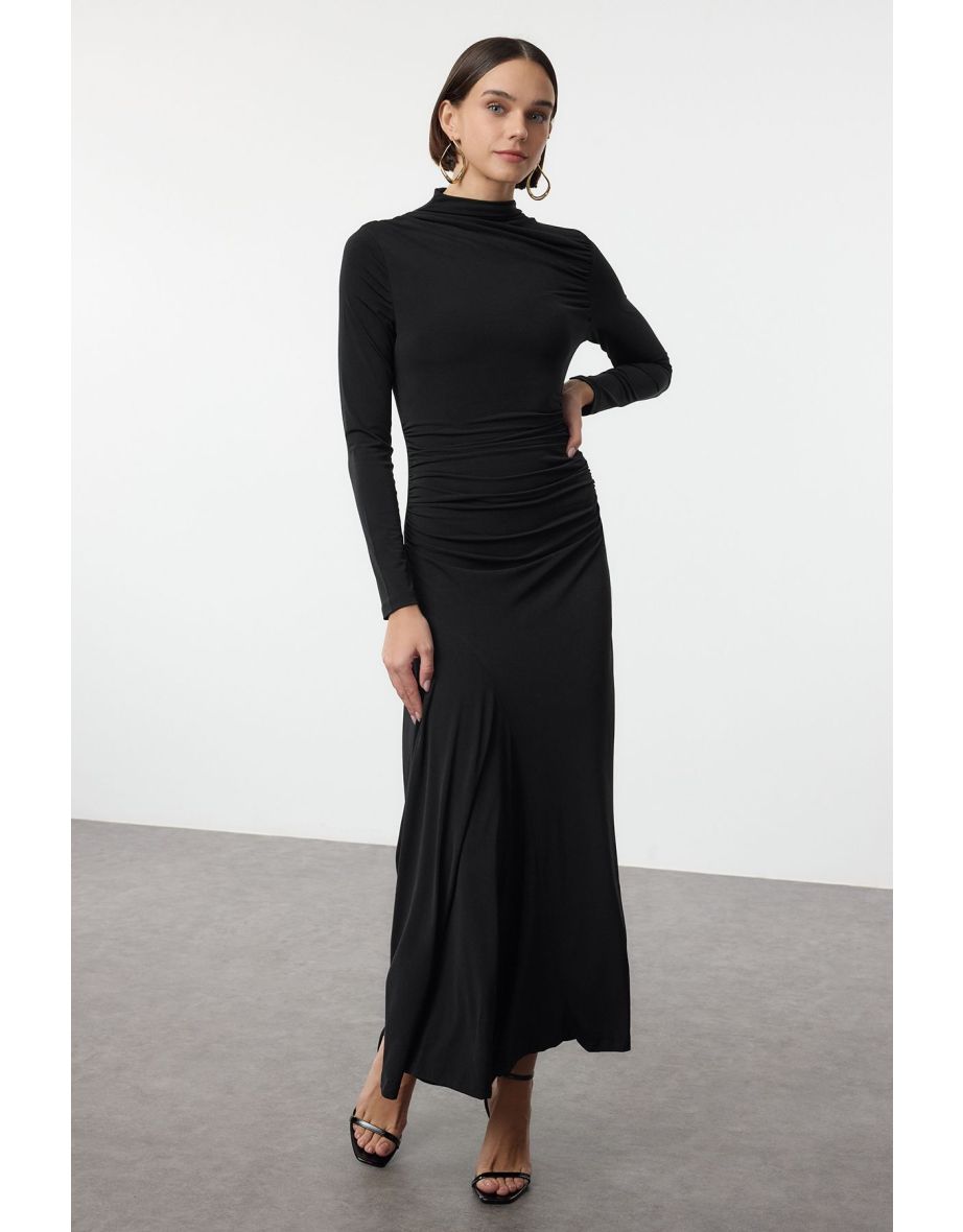 Black Fitted Stand Collar Long Sleeve Flexible Maxi Knit Dress