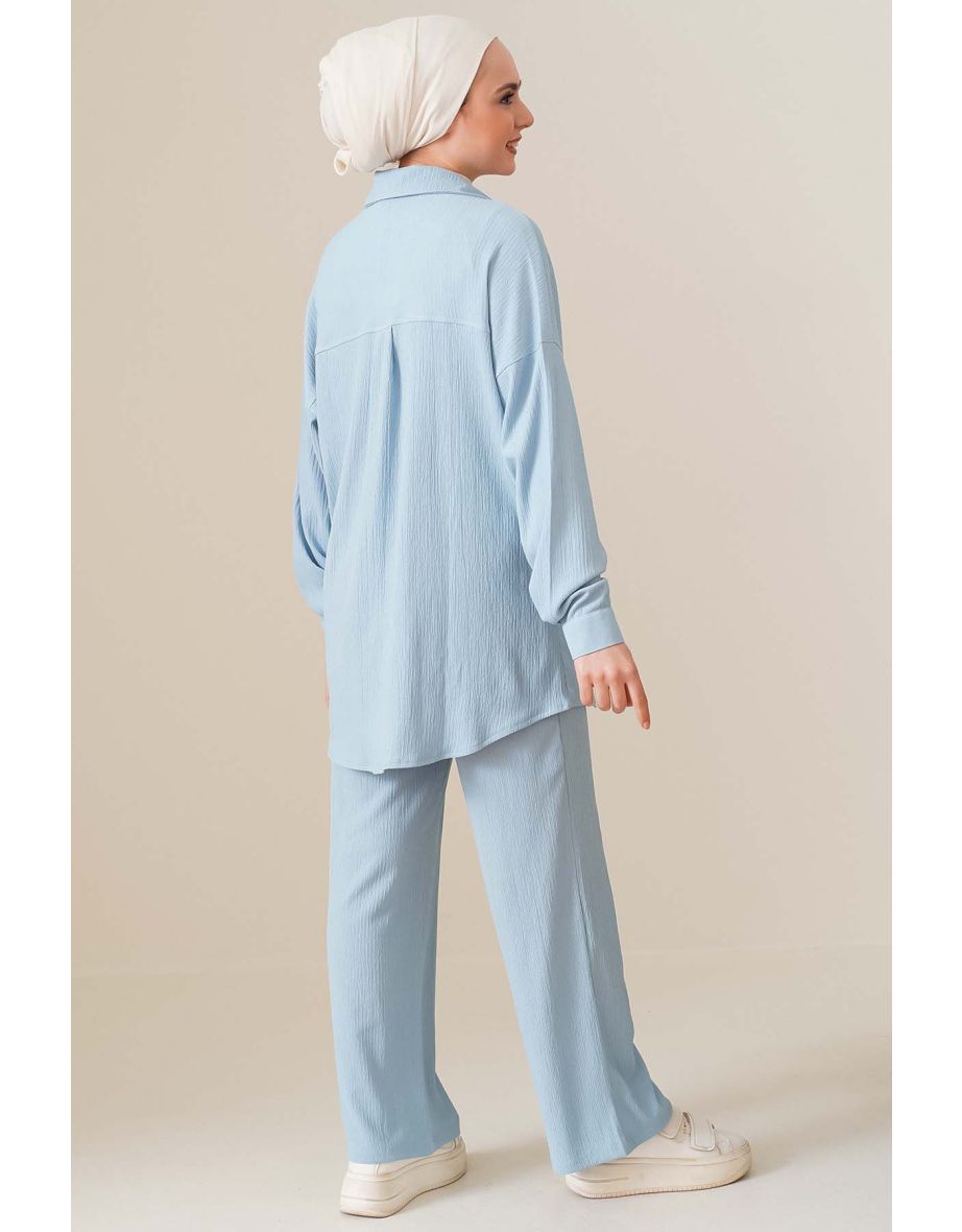 Knitted Hijab Two Piece Suit - Light Blue - 3