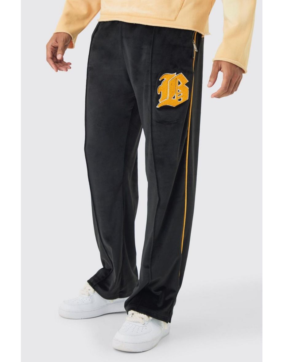 Straight Leg Varsity Velour Jogger - black