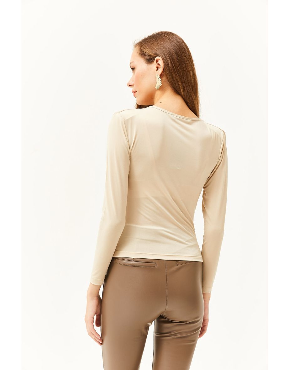 Women's Stone Waistband Pleated Roll Up Collar Blouse - 3