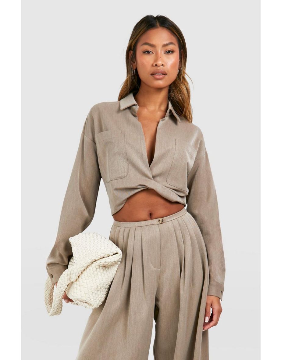 Linen Look Relaxed Fit Twist Front Shirt - taupe