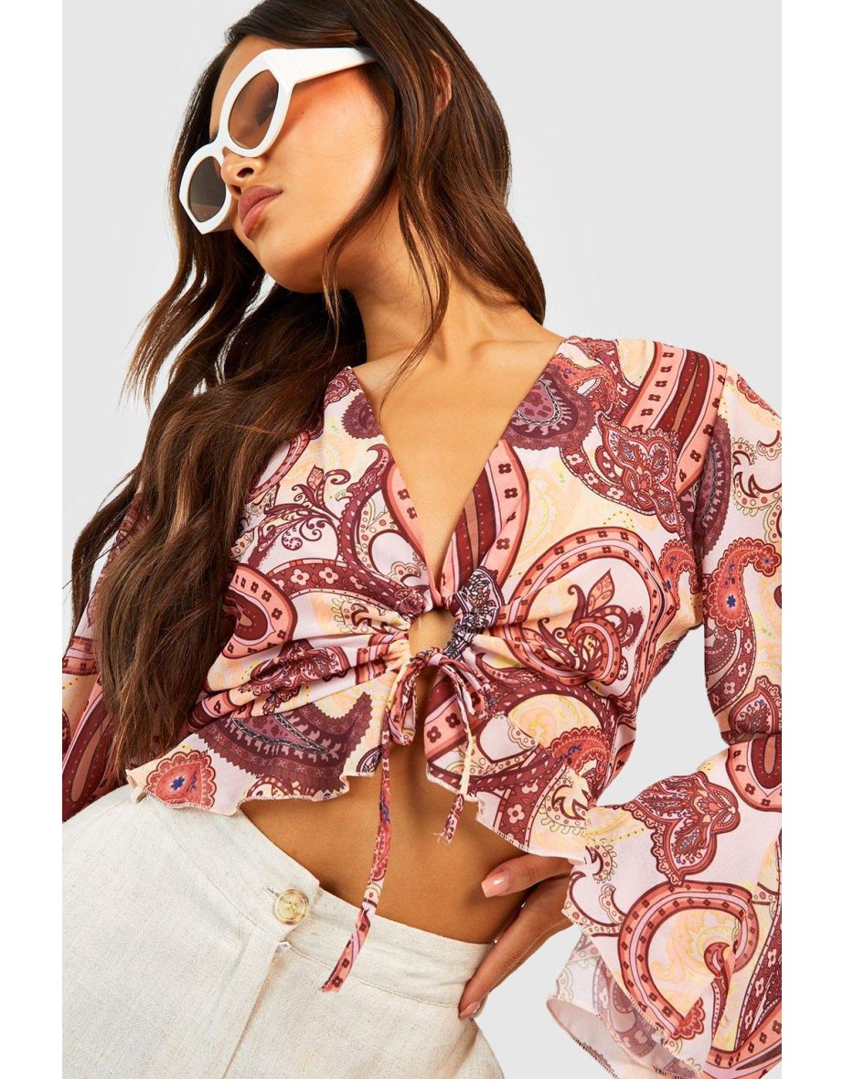 Printed Wide Sleeve Ring Detail Crop Top - terracotta - 3