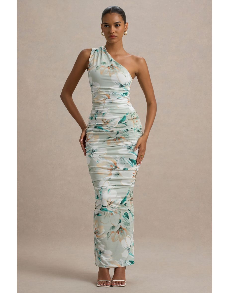Dalarie | Green Floral Print One-Shoulder Gathered Maxi Dress - 5
