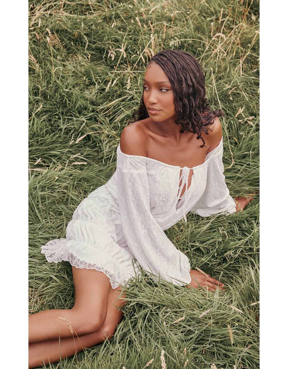 White Bardot Lined Lace Shirred Bodycon Dress - 4
