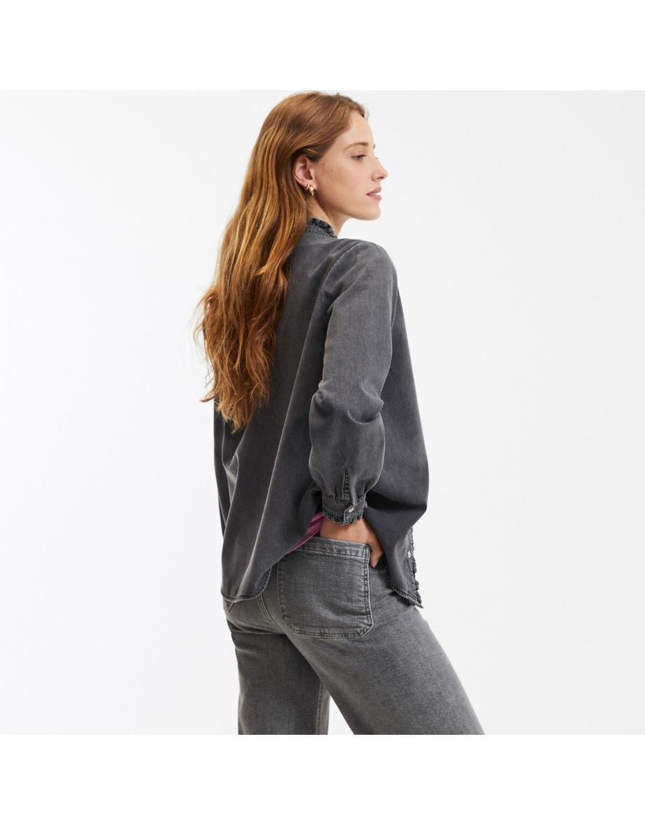 Organic Cotton Denim Shirt with Ruffled Victorian Collar and Long Sleeves - 4
