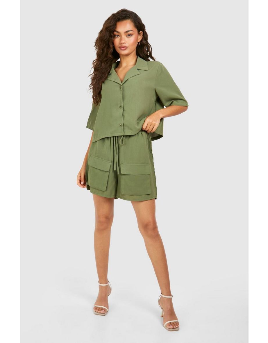 Cheesecloth Cropped Shirt & Shorts Set - khaki