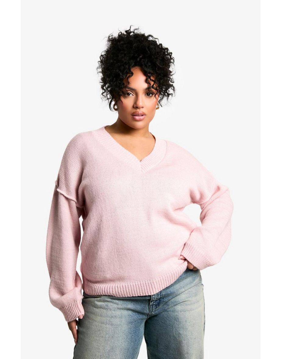 Plus Soft Knit Seam Detail V Neck Slouchy Jumper - baby pink
