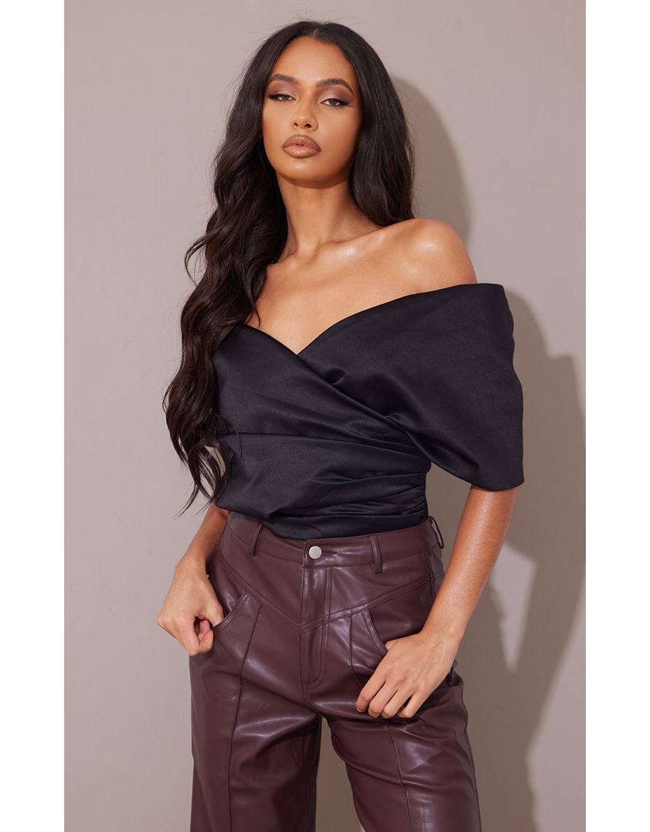 Black Satin Structured Bardot Bodysuit