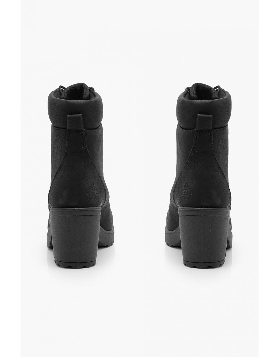 Padded Cuff Block Heel Hiker Boots - black - 3