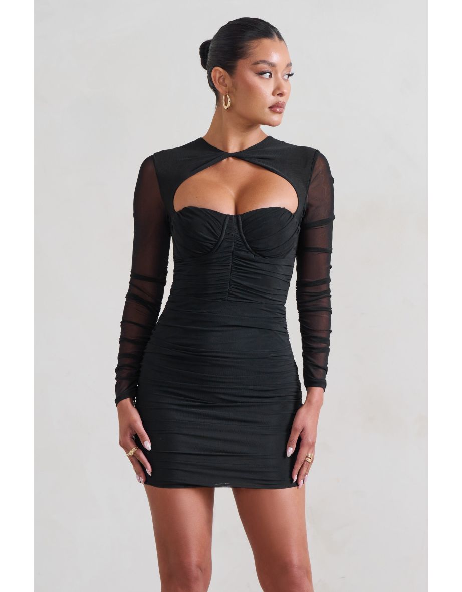 Daiquiri | Black Ruched Cut Out Mesh Mini Dress With Long Sleeves - 3
