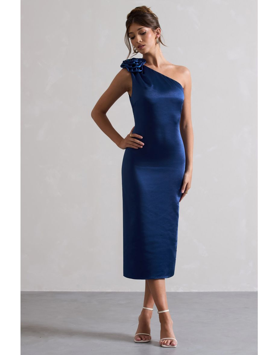 Ascot | Navy Satin Asymmetric Dress With Corsage - 4