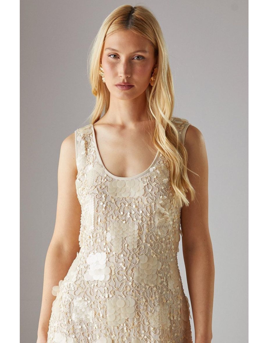 Hand Embellished Pearlescent Sequin Scoop Neck Mini Dress - 3