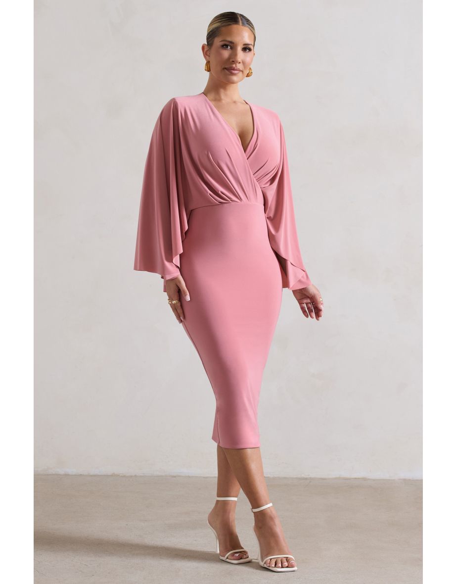 Mishka | Blush Pink Plunge-Neck Cape Midi Dress - 4