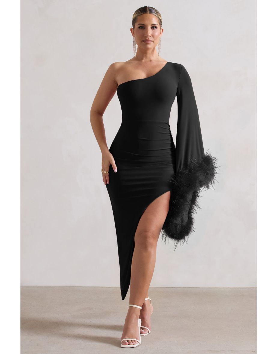 July | Black Asymmetric Cape Sleeve Midaxi Dress With Feathers