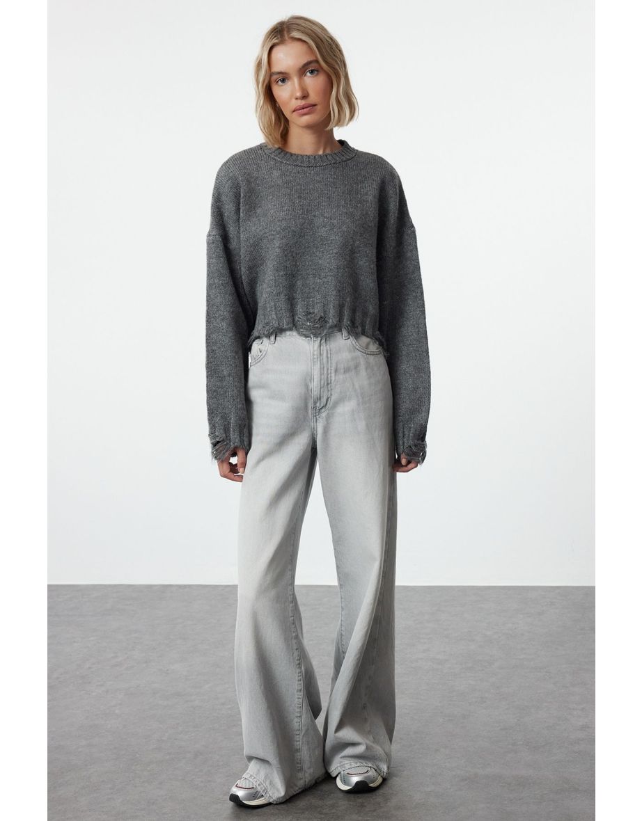 Anthracite Crop Super Wide Pattern Soft Texture Knit Sweater