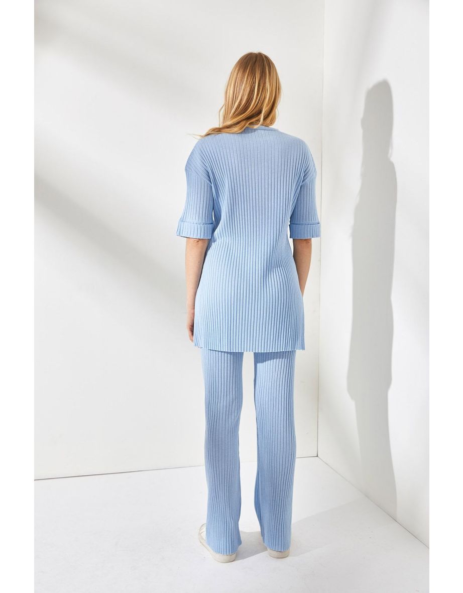 Women's Baby Blue Short Sleeve Bottom Top Lycra Suit - 4