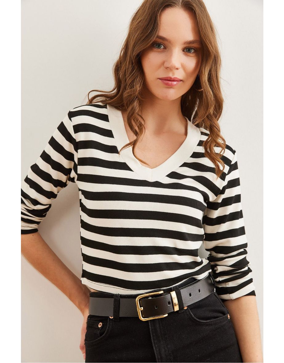 Women's Thick Striped Black V Neck Soft Touch Flexible Top