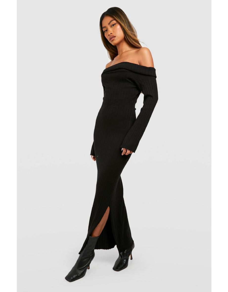 Oversized Bardot Neckline Knitted Maxi Dress - black