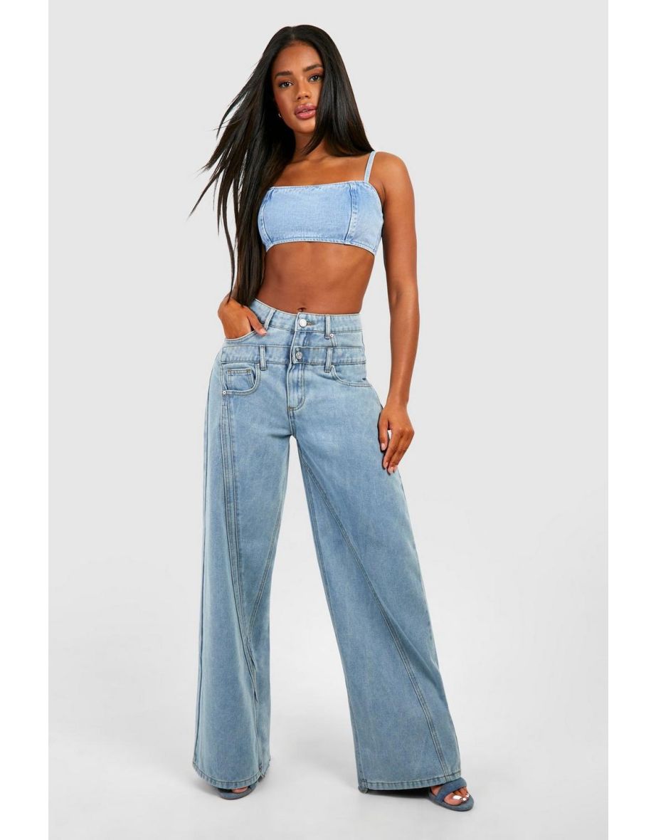 Wide Leg Jeans With Front And Back Waistband Panel - light blue