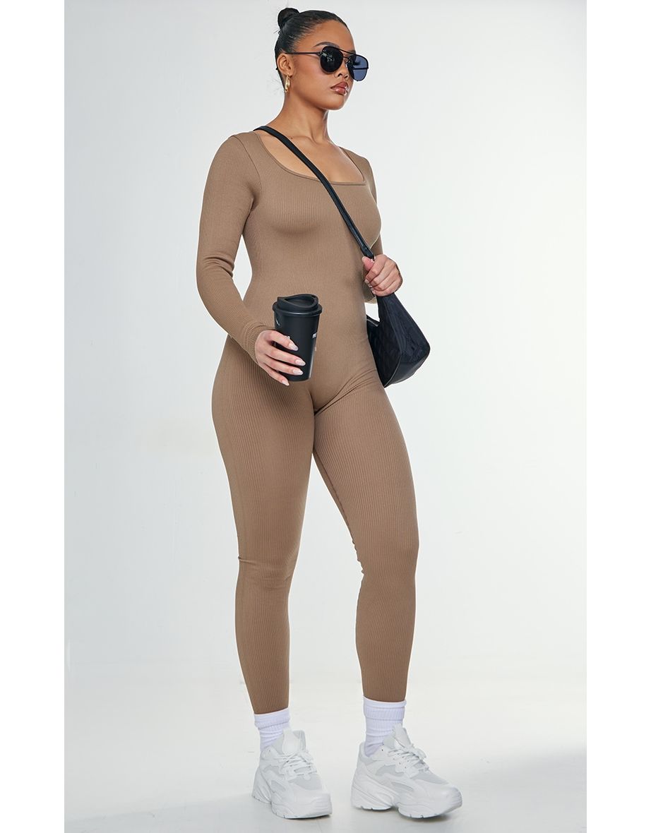 Toffee Contour Rib Square Neck Long Sleeve Jumpsuit