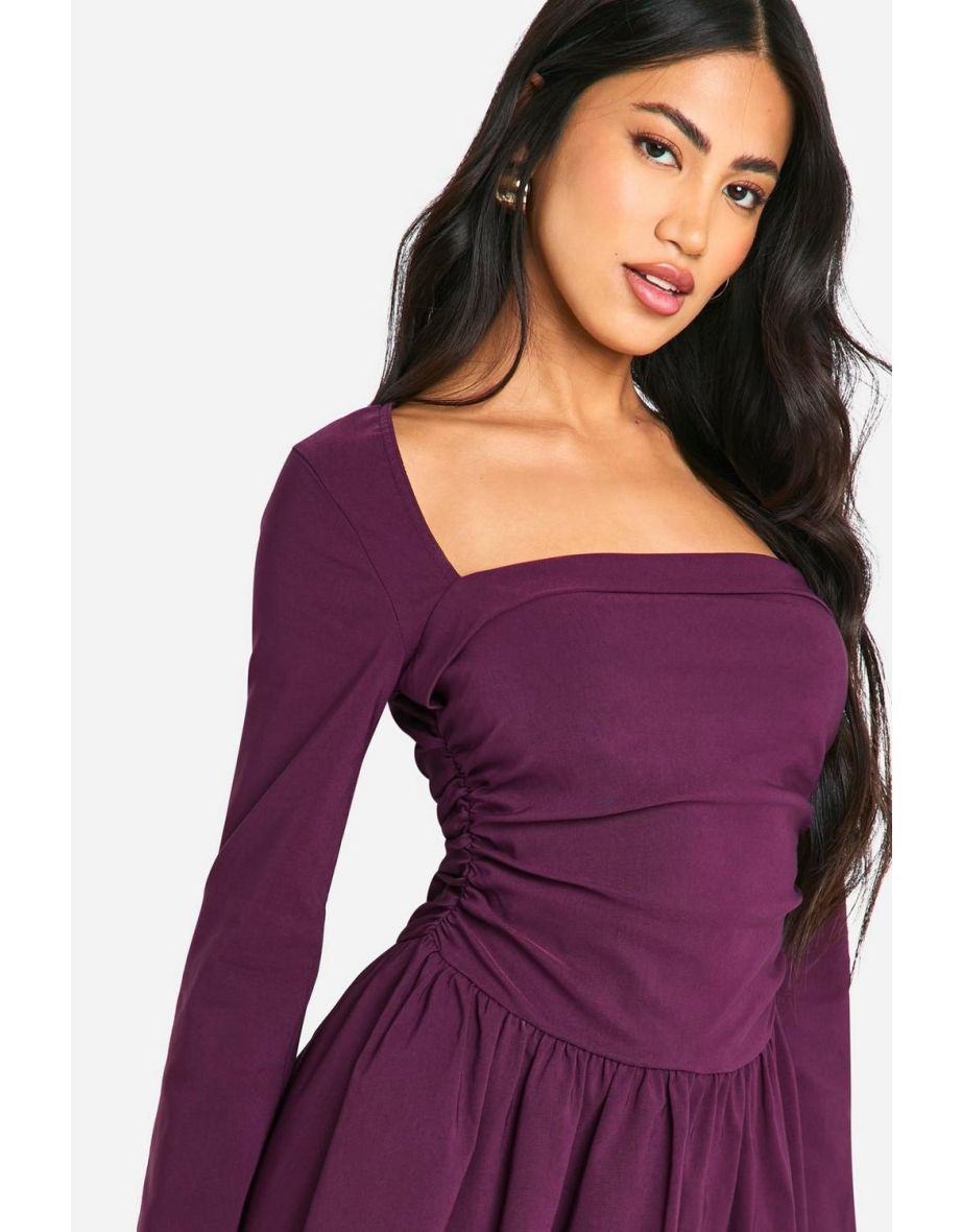 Square Neck Long Sleeve Skater Mini Dress - plum - 3