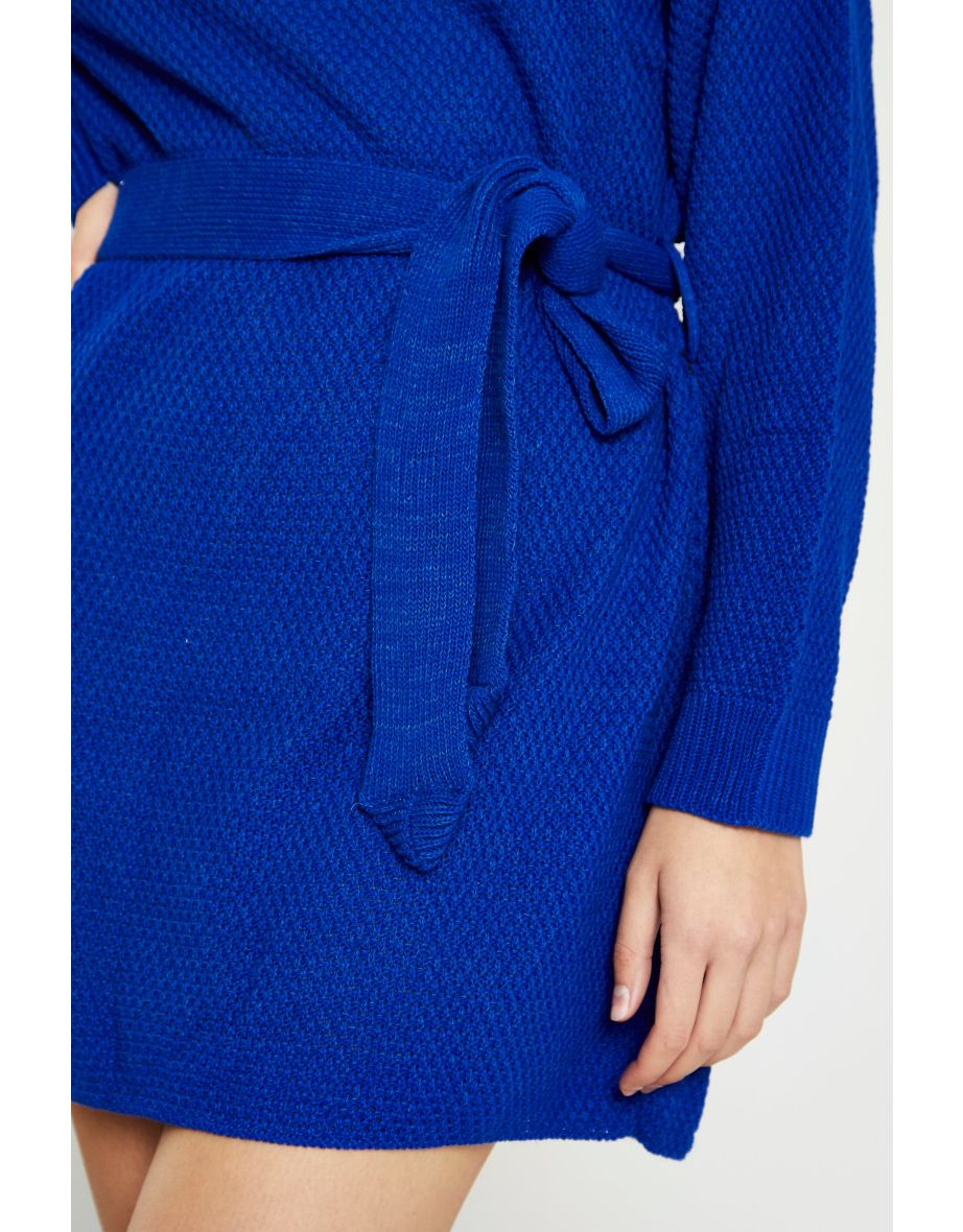 Glamorous Royal Blue Knitted Mini Dress with Tie Belt - 3