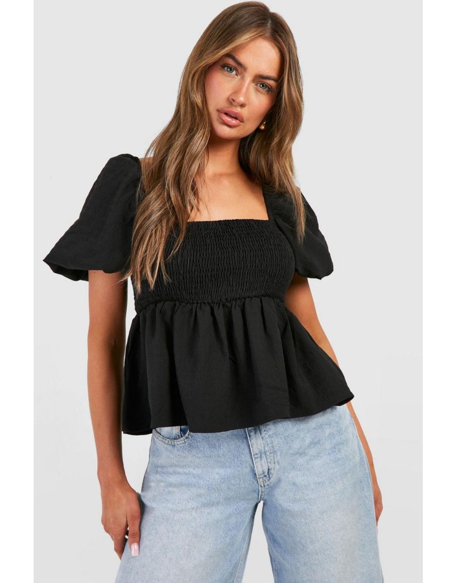 Textured Puff Sleeve Shirred Smock Top - black